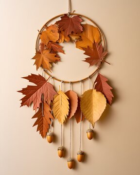Handmade autumn dreamcatcher with colorful fall leaves and acorns