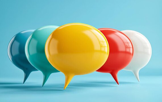 3D colorful speech bubbles on blue background representing teamwork discussion and customer feedback for social media and communication concept.	