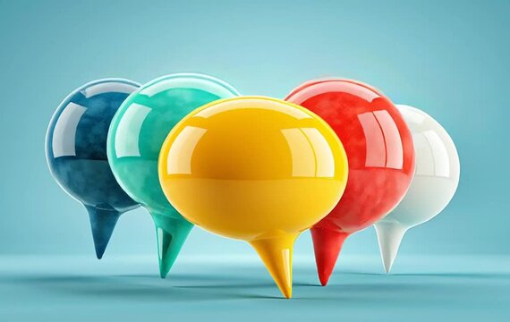 3D colorful speech bubbles on blue background representing teamwork discussion and customer feedback for social media and communication concept.	