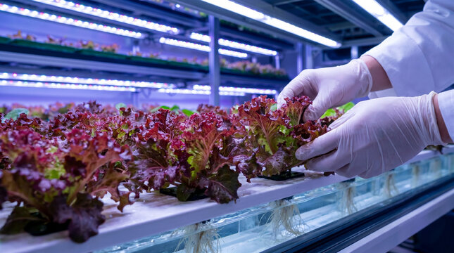 Vertical Indoor Hydroponic Farm with Fresh Leafy Greens, Worker Harvesting Lettuce in Controlled Environment Agriculture Facility