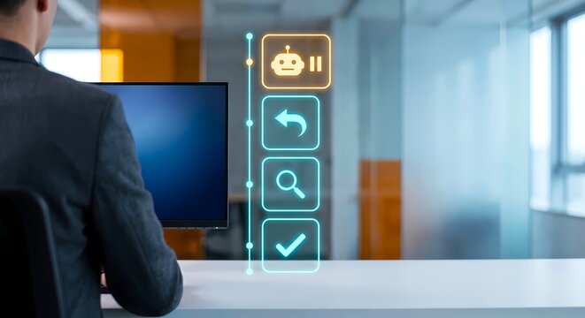 Businessman Beside Robot Pause Undo Search and Check Icons
