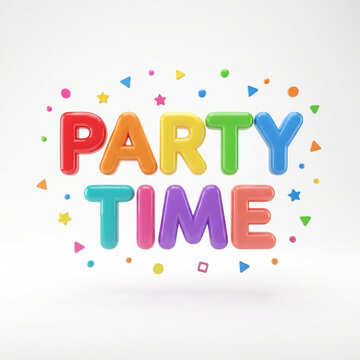 Party time 3D text JPG illustration featuring colorful glossy typography with confetti and celebration elements on a white background.   