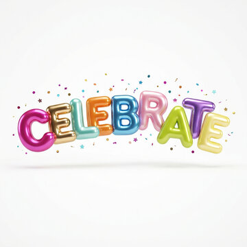 Celebrate 3D text JPG illustration featuring colorful glossy balloon typography with vibrant confetti elements on a white background.   