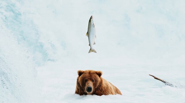 Silver salmon hanging motionless in the air above a brown bear waiting in a misty river, strange nature scene with copy space for conservation