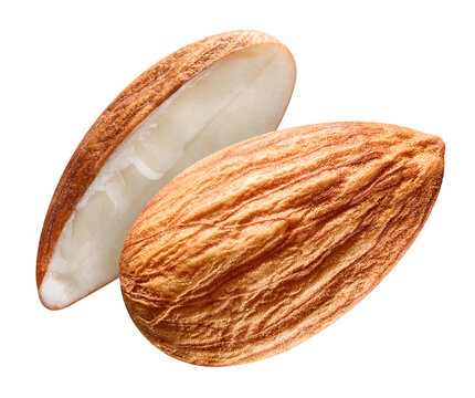 Fresh whole almonds and sliced pieces isolated on white background with clipping path. Organic raw nuts for packaging design