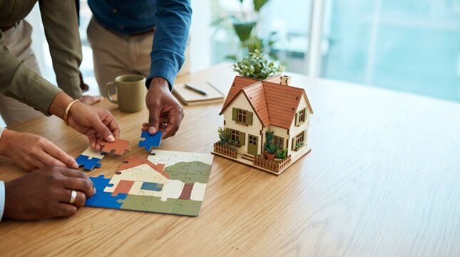Diverse business people assembling house puzzle together for residential real estate development planning.