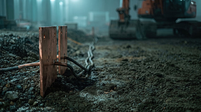 Copper grounding plates and cables in trench at construction site excavator