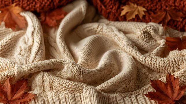Cozy cream knitted sweater texture with autumn maple leaves for fall season background