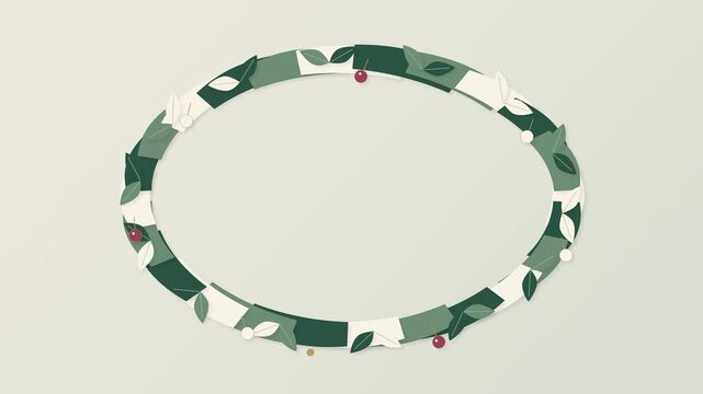 Paper ribbon Christmas wreath with leaves and red berries, animated holiday frame with copy space