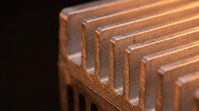 Macro view of copper heat sink cooling fins in warm light on dark backdrop