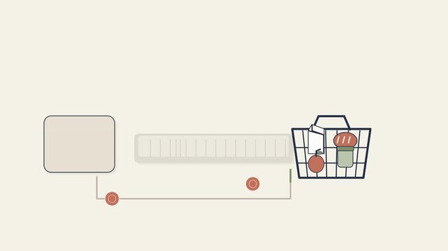 Inflation shrinking purchasing power as the same coins buy fewer groceries, flat animation