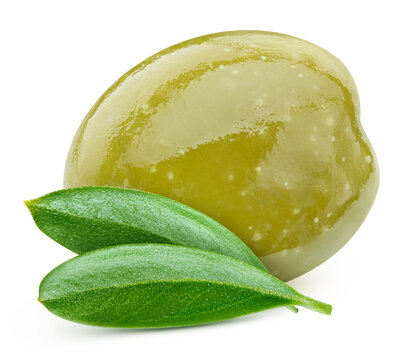 Fresh one green olive with leaves isolated on white background with clipping path. Ripe green olive berry for packaging design. Full depth of field