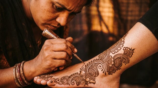 Woman applying intricate henna design on another woman's foot in india.