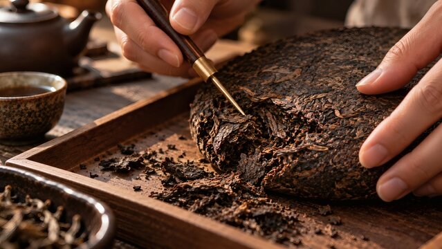 Hands Using Ebony Tea Needle to Loosen Leaves from Compressed Pu-erh Cake
