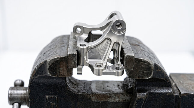 Precision machined aluminum bracket held in heavy duty steel bench vise