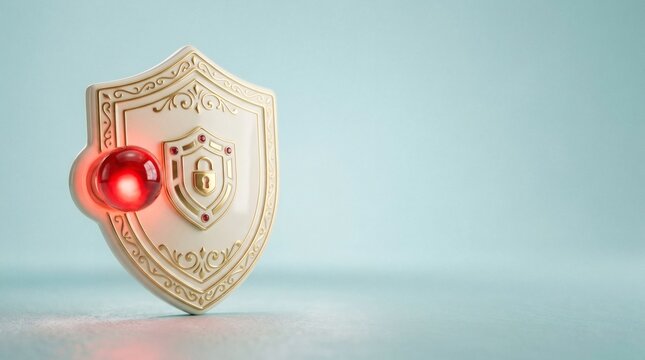 Ornate white shield with glowing red alarm button represents cybersecurity threat alerts.