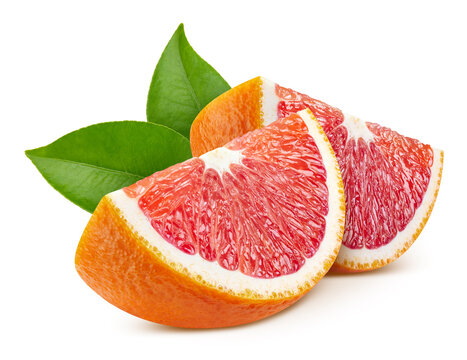 Red orange fruit slices isolated on white background. Organic red orange segments with clipping path for digital editing. Each red orange slice looks fresh and juicy