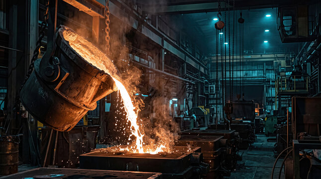 Foundry ladle pouring glowing molten metal into casting mold in a factory
