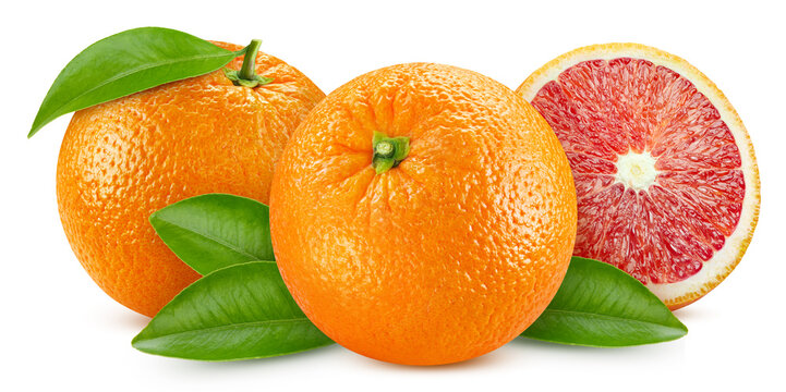 Isolated orange. Fresh citrus fruit on white background with clipping path. Red orange