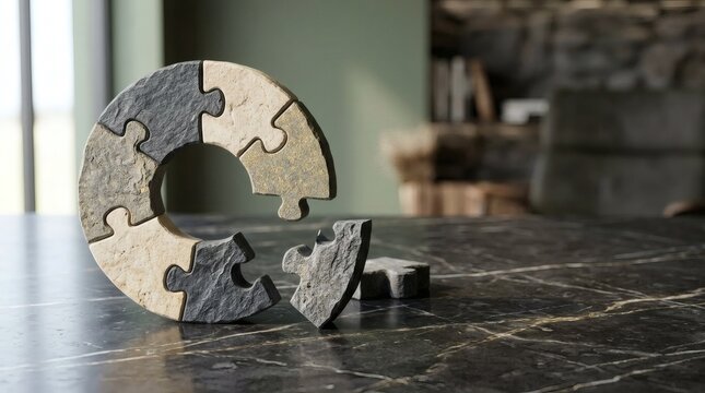 Stone circular puzzle pieces assembling together on dark marble surface.