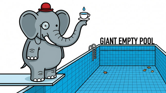 Elephant funny illustration balancing water cup near empty pool vector isolated on white background