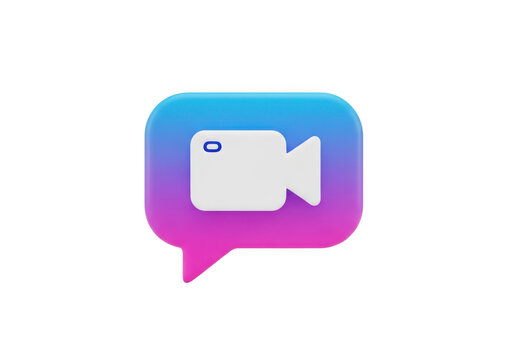 Video call icon in vibrant gradient speech bubble, 3D camcorder chat symbol for online meetings, digital communication interface element
