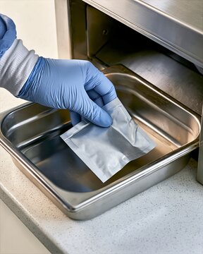 Gloved Hand Sealing a Small Lost-Item Pouch Over Metal Tray