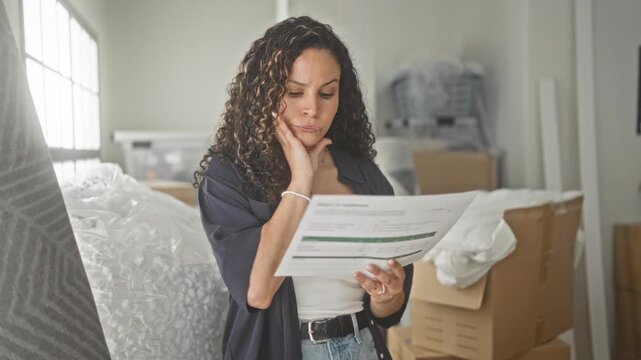 Woman reading a document with hand on cheek, holding paper among packed boxes and packing materials in a building; moving planning concern.