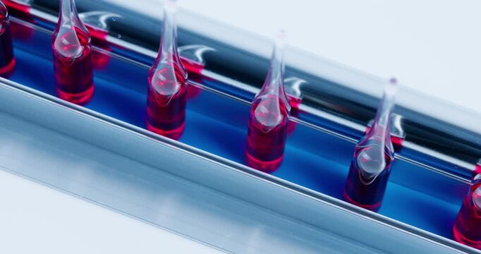 Slow motion formation of red droplets on pipette tips over blue tray in laboratory. Production line of ampoules for injection on pharmaceutical manufacturing.