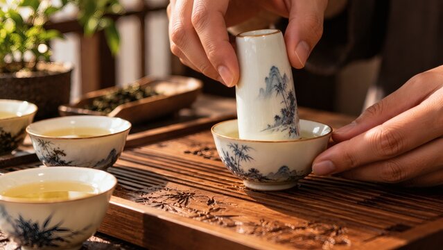 Hands Inverting Cylindrical Aroma Cup over Shallow Gongfu Tasting Cup