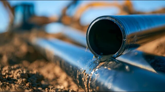 Large black polypropylene pipes laid in an excavated trench at a construction site for underground utility, drainage or water infrastructure