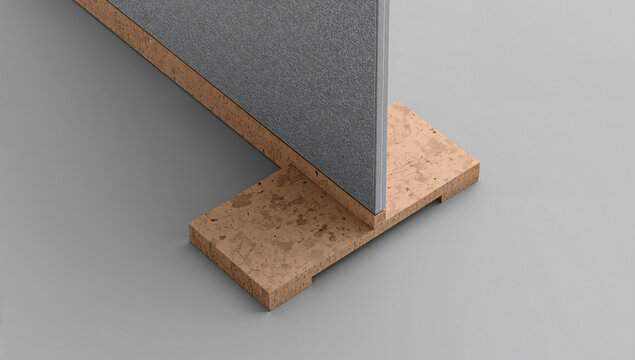 Close up of a gray fabric office partition screen standing on a textured natural cork base, isolated on a light gray studio background