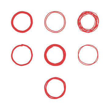 Collection of red hand drawn circles with varying line thickness and detail isolated on transparent background