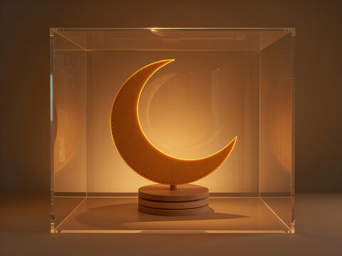 Glowing orange crescent moon sculpture made of textured displayed inside a clear transparent acrylic glass box on a round wooden base