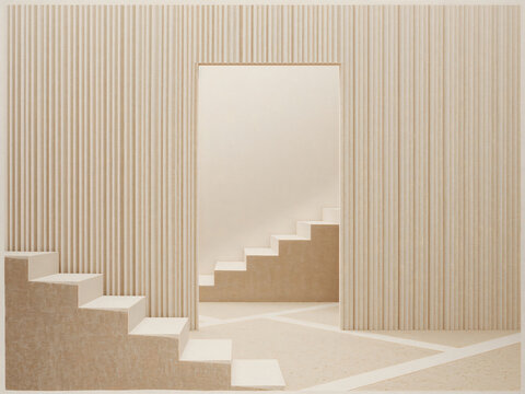 Minimalist interior scene with beige vertical slatted wall, textured staircase, and open doorway leading to a second set of stairs in soft light