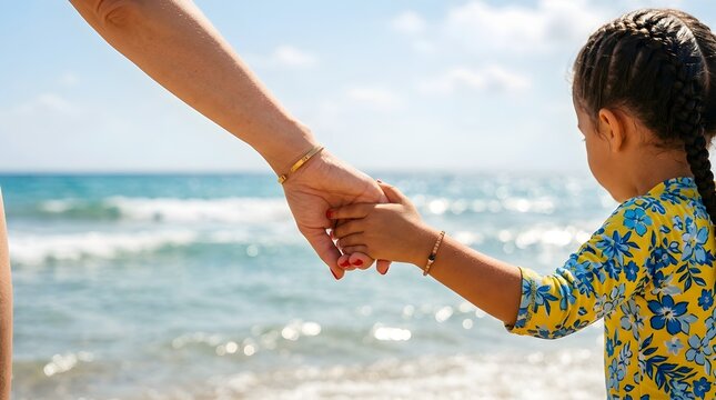 Closeup of a mother holding her young daughters hand while walking on a sunny beach, symbolizing love, protection, and family connection during a summer vacation by the sea