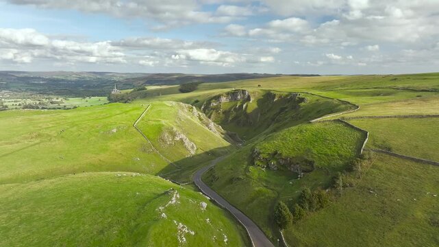 Winnats Pass from a drone, Castleton, Hope Valley, Peak District National Park, Derbyshire, England, UK