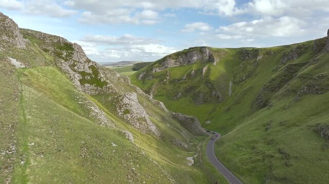 Winnats Pass from a drone, Castleton, Hope Valley, Peak District National Park, Derbyshire, England, UK