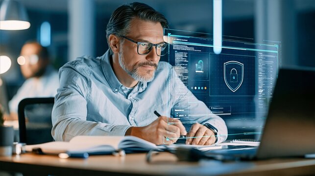 Cybersecurity Specialist Reviewing Credential Security Checklist at Office Desk