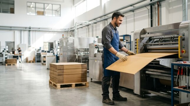 Factory worker feeding cardboard into a die-cutting machine for packaging production, clean industrial setting with natural light