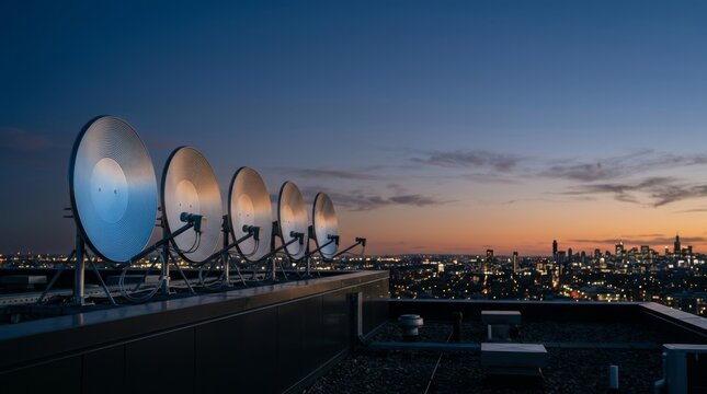 Row of parabolic satellite dishes on a rooftop against a vibrant dusk cityscape skyline, offering communication and connectivity.