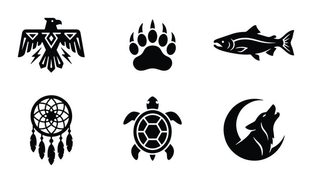 Native American Icons Set: Thunderbird, Bear Paw, Salmon, Dreamcatcher, Turtle, Wolf Moon