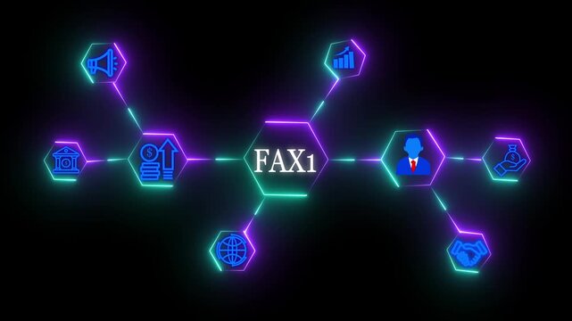 Business process management FAX 1 Business Taxation and Financial Management Concept with Neon Icons, Accounting, Growth, Digital Network Connection with Glowing Neon black background animation.