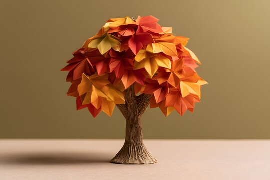 Decorative autumn paper tree with miniature origami maple leaves in warm colors