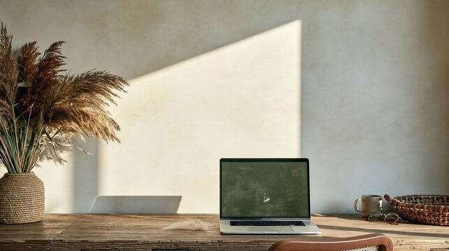 Laptop with a blank screen on a worn wooden desk beside pampas grass, a calm home office workspace for remote work and interior styling mockup