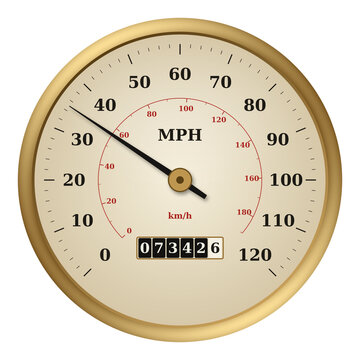 Vintage speedometer with brass bezel, cream dial and dual mph and km/h scale isolated on transparent background