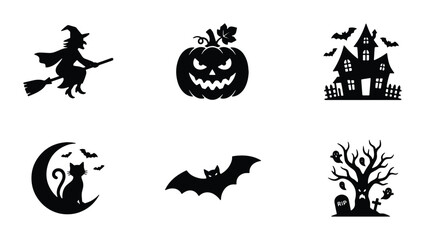 Fototapeta premium Halloween Icons Silhouette Set: Witch, Pumpkin, Haunted House, Cat, Bat, Spooky Tree Vector Graphics