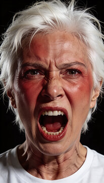 Angry mature woman with white hair shouting on black background. Close-up portrait of furious face screaming with flushed red cheeks. Rage and aggression concept.