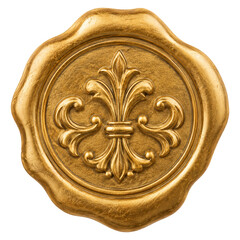 Golden wax seal stamp featuring an elegant fleur de lis emblem on a textured circular background © Ophelia