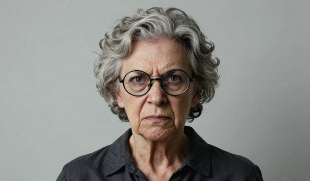 Portrait of senior woman with gray curly hair and round glasses looking sternly at camera on plain background. Close-up of serious facial expression. Aging and grumpy mood concept.